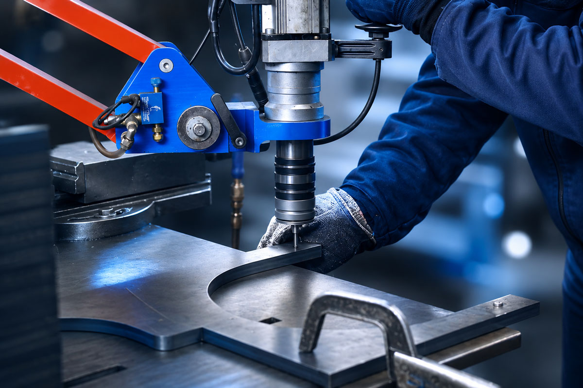 Foratura di precisione di componente metallico per carpenteria industriale con trapano magnetico professionale.