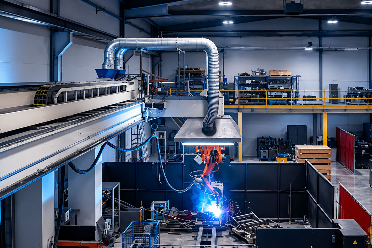 Vista del reparto produttivo Metal88 con impianto di saldatura robotizzata e macchinari per la lavorazione personalizzata dei metalli.